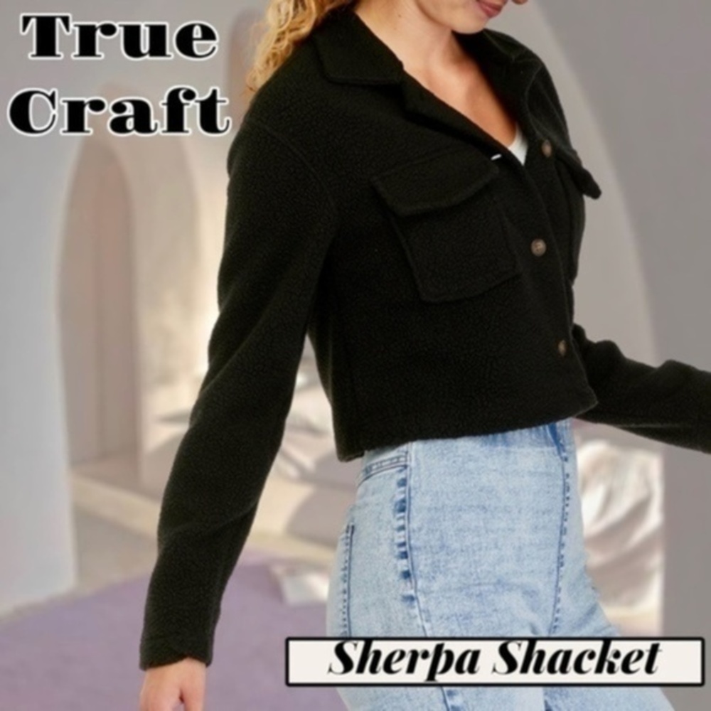 TRUE CRAFT Juniors' Sherpa Button-Front Shacket in Black